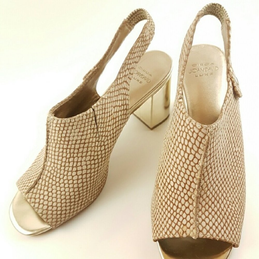 Circa Joan & David Kingsten Open Toe Leather Chunky Slingback - Gold/Beige -Sz 7